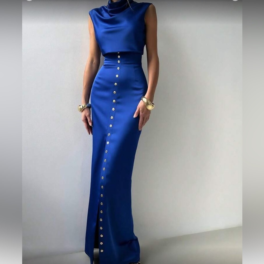 Chic Royal Blue Maxi Skirt with Button Accents